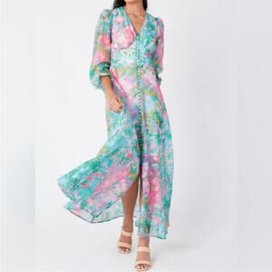 NWT Abbey Glass Brooke Floral Long Sleeve V-Neck Maxi Dress organza bloom XXL 16